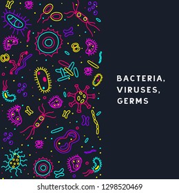 Bacteria, viruses and germs vector colorful banner. Collection of various microorganisms, fungi, protozoa on a dark background. Set of disease causing-microbes in neon colors with place for your text.