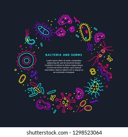 Bacteria, viruses and germs vector colorful banner. Collection of various microorganisms, fungi, protozoa on a dark background. Set of disease-causing microbes in neon colors.