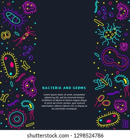 Bacteria, viruses and germs vector colorful banner. Collection of various microorganisms, fungi, protozoa on a dark background. Set of disease-causing microbes in neon colors with place for your text.