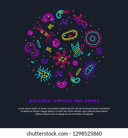 Bacteria, viruses and germs vector colorful banner. Collection of various microorganisms, fungi, protozoa on a dark background. Set of disease-causing microbes in neon colors with place for your text.