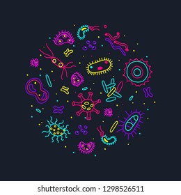 Bacteria, viruses and germs vector colorful illustration. Collection of various microorganisms, fungi, protozoa on a dark background. Set of disease-causing microbes in neon colors.