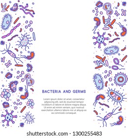Bacteria, viruses and germs vector colorful banner. Collection of various microorganisms, fungi, protozoa on a white background. Set of disease causing microbes in blue colors.