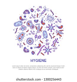 Bacteria, viruses and germs vector colorful banner. Collection of various microorganisms, fungi, protozoa on a white background. Set of disease causing microbes in blue colors.
