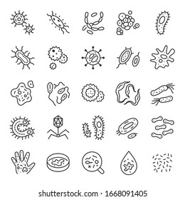 Bacterias, virus, conjunto de iconos. Microorganismos de varias formas, iconos lineales. Línea con trazo editable