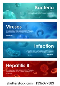 Bacterias y virus, infecciones y hepatitis por investigación médica y tratamiento. Gérmenes vectoriales y microbios, parásitos y patógenos, células de la enfermedad fondo 3D. Organismos y cuerpos microscópicos