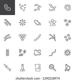 Bacteria and viruses line icons set. linear style symbols collection, outline signs pack. vector graphics. Set includes icons as Cocci Bacteria microorganism, Bacillus Staphylococcus, Microscope