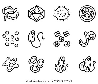 Conjunto de iconos simples del vector de línea de bacterias y virus