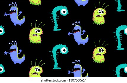 Bacteria and viruses on a magnifying glass. Vector funny seamless pattern for hospital, dentistry, pharmacy.