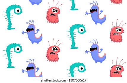 Bacteria and viruses on a magnifying glass. Vector funny seamless pattern for hospital, dentistry, pharmacy.