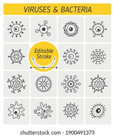 The Bacteria and Viruses outline vector icon set. The microbiology, protection of human organism, pandemic,  illness and sickness outline icons. Thin linear vector symbols with editable strokes width