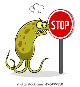 Bacteria watching on stop sign. Stop pest conception.