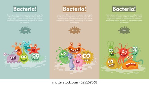 Banner web de bacterias. Grupo de divertidos microbios coloridos personajes caricaturas ilustraciones vectoriales. Virus sonriente y aterrador, célula patógena, germen, parásito. Para el diseño de páginas web sobre medicina, higiene y ciencia