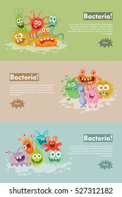 Bacteria web banner. Group of funny colorful microbes cartoon characters vector illustrations. Smiling and scary virus, pathogen cell, germ, parasite. For medical, hygienic, science web page design