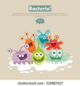 Bacteria web banner. Group of funny colorful microbes cartoon characters vector illustrations. Smiling and scary virus, pathogen cell, germ, parasite. For medical, hygienic, science web page design