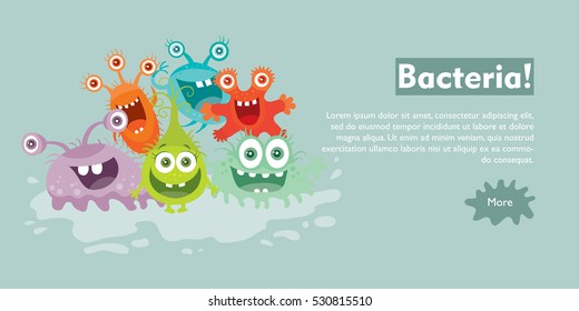 Bacteria web banner. Group of funny colorful microbes cartoon characters vector illustrations. Smiling and scary virus, pathogen cell, germ, parasite. For medical, hygienic, science web page design