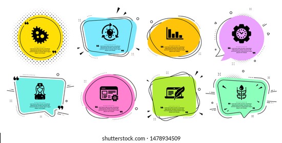 Bacteria, Web settings and Time management line icons set. Chat bubbles with quotes. Gluten free, Copyright laptop and Idea signs. Histogram, Hospital nurse symbols. Vector