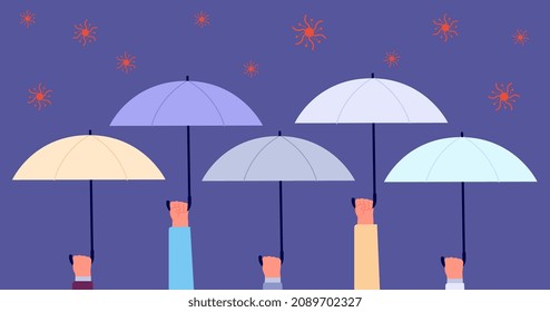 Bacterial attack. Hands holding umbrellas and protect of falling viruses. Healthcare, self protection or life medical insurance vector concept