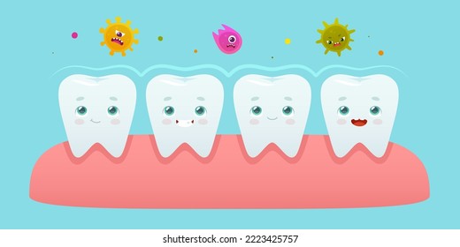 Bacterial attack and protection aura on teeth row in the gum. Cartoon microbes attack. Dental problem illustration for kids.