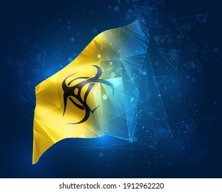 bacterial danger on a yellow vector flag, virtual abstract 3D object from triangular polygons on a blue background