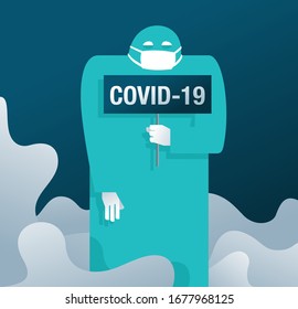Bacterial dicease coronavirus COVID-2019 danger - sad human with placard - conceptual illustration and banner template