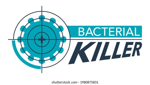 Insignia bacteriana asesina - pegatina de fórmula antibacteriana, protección Covid-19, etiqueta de sanitizador manual. Ilustración del vector