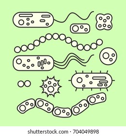 Bacterial microorganism cells. Stock vector illustration of different germs, primitive organisms. Medicine and biology collection.