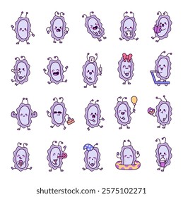 Bacterial microorganism character set with funny emotions and actions including smiling, angry, surprised, eating, sleeping, celebrating, and resting for cute kawaii cartoon designs