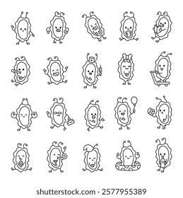 Bacterial microorganism character set with funny emotions and actions including smiling, angry, surprised, eating, sleeping, celebrating, and resting for cute kawaii cartoon designs