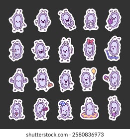 Bacterial microorganism character set with funny emotions and actions including smiling, angry, surprised, eating, sleeping, celebrating, and resting for cute kawaii cartoon designs