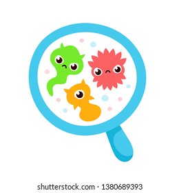 Bacterial microorganism in a circle. Bacteria and germs colorful set, micro-organisms, bacteria, viruses, fungi, protozoa under the rejuvenating glass,magnifier.Vector flat cartoon illustration icon