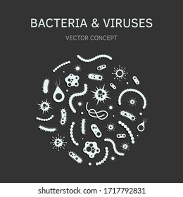 Microorganismo bacteriano en círculo. Conjunto colorido de bacterias y gérmenes, microorganismos, objetos causantes de enfermedades, cáncer celular, bacterias, virus, hongos, protozoos.Icono de ilustración de viñeta plana vectorial