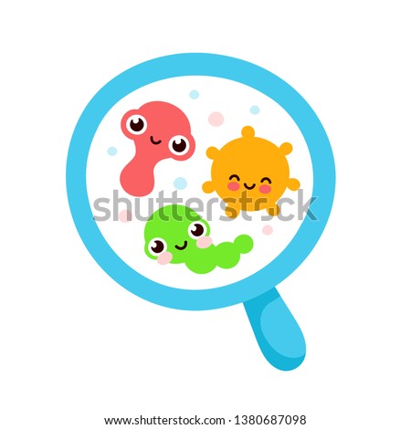 Bacterial microorganism in a circle. Bacteria and germs colorful set, micro-organisms, bacteria, viruses, fungi, protozoa under the rejuvenating glass,magnifier.Vector flat cartoon illustration icon