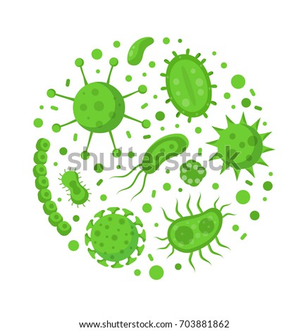 Bacterial microorganism in a circle. Bacteria and germs colorful set, micro-organisms disease-causing objects, different types, bacteria, viruses, fungi, protozoa.Vector flat cartoon illustration icon
