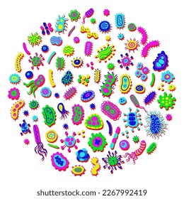 Bacterial microorganism in a circle color. Risoprint. Illustration of different germs, primitive organisms, micro-organisms, disease-causing objects, cell cancer, bacteria, viruses, fungi, protozoa.