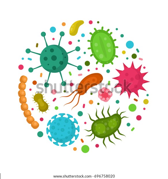 Bacterial microorganism in a circle.Bacteria\
and germs colorful set,micro-organisms disease-causing,bactery cell\
cancer germ,bacteria,viruses,fungi, protozoa,probiotic.Vector flat\
cartoon illustration