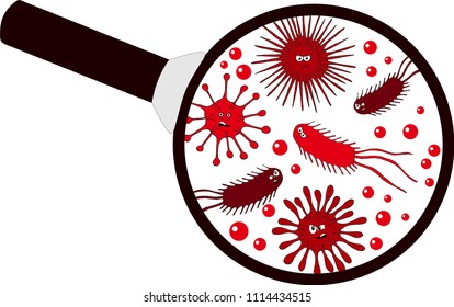 Bacterial microorganism in a magnifier. Bacteria and germs colorful set, micro-organisms, bacteria, viruses, protozoa under the rejuvenating glass.