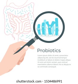 Bacterial microorganism in a magnifier. The image of the intestine, vector illustration.