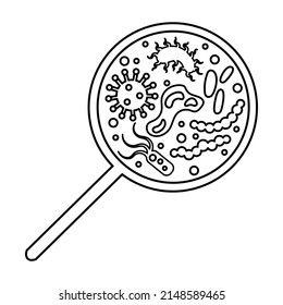 Bacterial microorganism in microscope circle. Bacteria, germs infection set, micro-organisms, bacteria, viruses, fungi, protozoa under magnify, magnifier. Vector doodle illustration icon