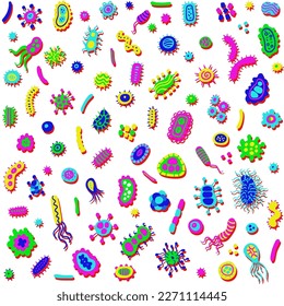 Bacterial microorganism set. Risoprint. Illustration of different germs, primitive organisms, micro-organisms, disease-causing objects, cell cancer, bacteria, viruses, fungi, protozoa. Microbiology