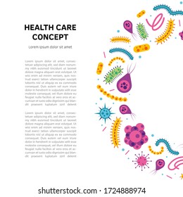 Bacterial microorganism template. Bacteria and germs colorful set, micro-organisms disease-causing objects, cell cancer, bacteria, viruses, fungi, protozoa.Vector flat style cartoon illustration icon