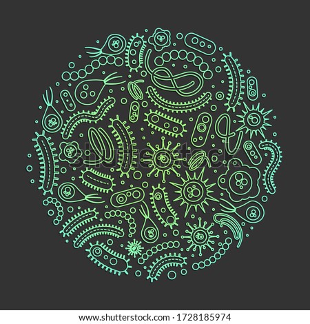 Bacterial microorganism template. Bacteria and germs colorful set, micro-organisms disease-causing objects, cell cancer, bacteria, viruses, fungi, protozoa.Vector flat style cartoon illustration icon