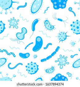 Bacterial microorganisms, germs and viruses colorful seamless pattern. Viruses, infections colorful, micro-organisms disease objects, cell cancer vector flat style design vector illustration on white.