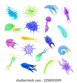 Bacterial microorganisms set. Bacteria and germs disease causing, germs, viruses, fungi cartoon vector