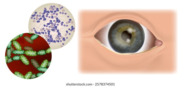 Bacterial and Viral Conjunctivitis Medical Illustration. Eye Infection and Microbial Pathogens Concept. Human Eye with Conjunctivitis