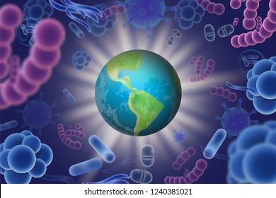 Bacterial and viral infections attack vector illustration. Planet Earth in frame of realistic microorganisms microscopic viruses and bacteria of various shape and color. Global epidemic concept.