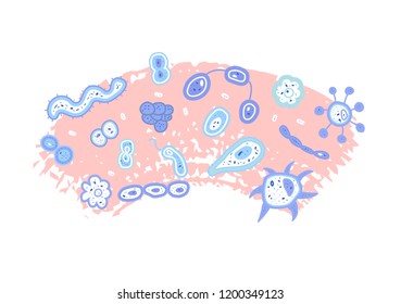 Bacterias cells  badge. Microorganism collection flat shapes. Vector illustration.