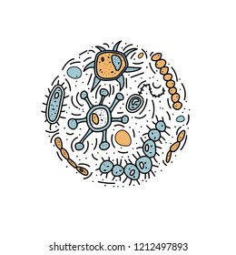 Bacterias cells round composition. Microorganism collection. Vector doodle style composition.