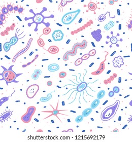 Bacterias cells seamless pattern. Microorganism collection. Vector doodle style composition.

