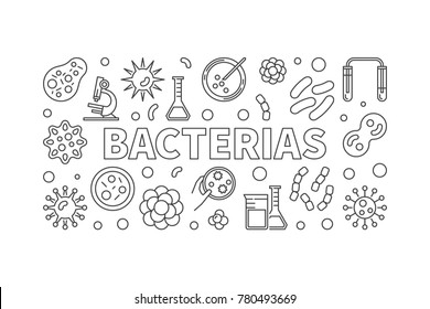 Bacterias horizontal outline illustration. Vector concept minimal banner made with virus and bacteria icons in thin line style