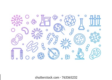 Bacterias linear colorful illustration or horizontal banner made with bacteria and microbe concept icons on white background
